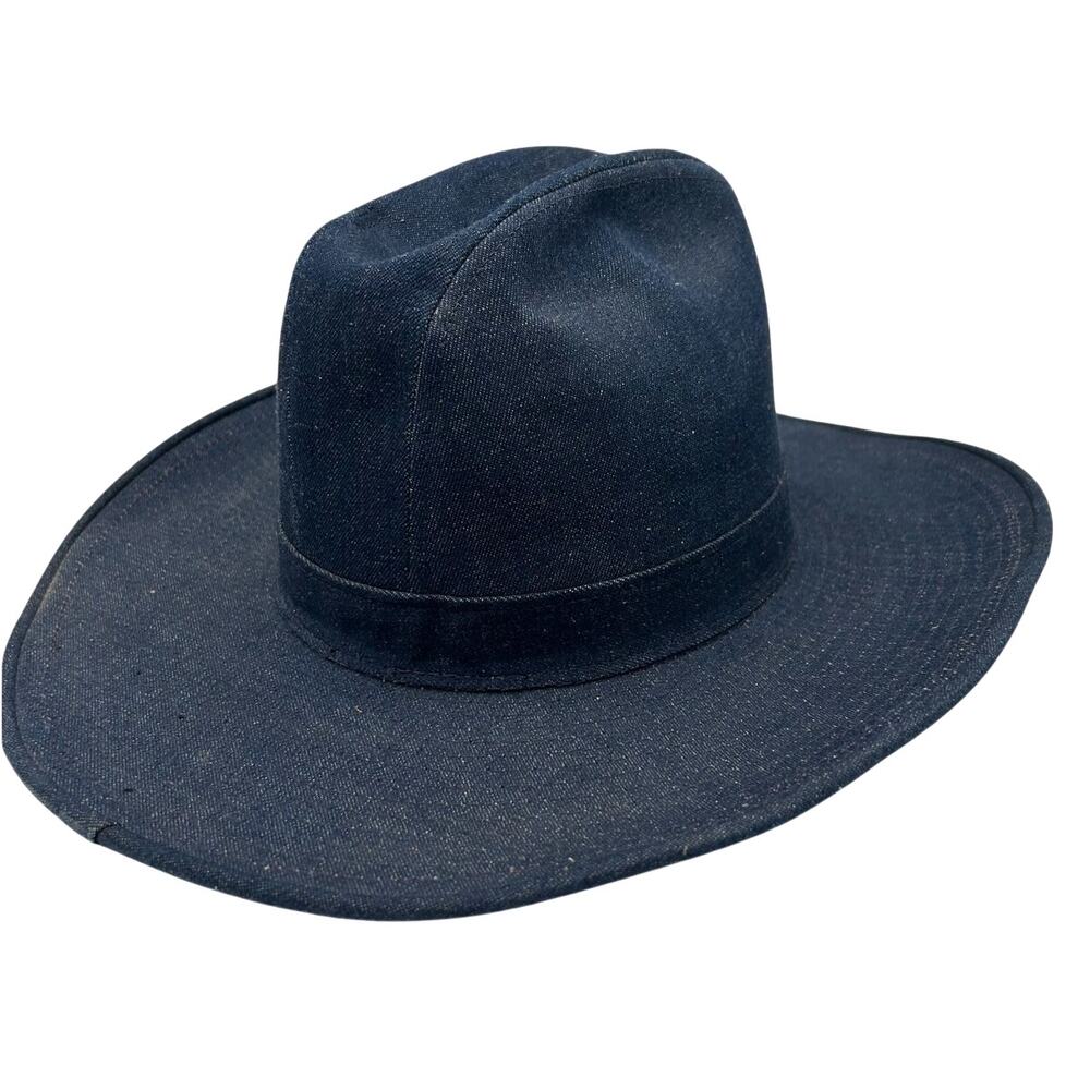 The Wrangler Vintage Denim Cowboy Hat Wide Brim Satin Lined Size 7 1/8 Western